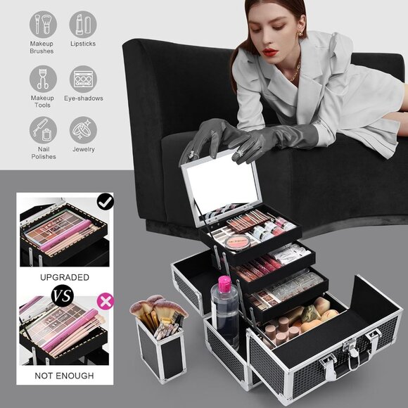 New 11.8In Shiny Black Makeup Case, 3-Tray Lockable Organizer with Mirror & Lid - Picture 4 of 6